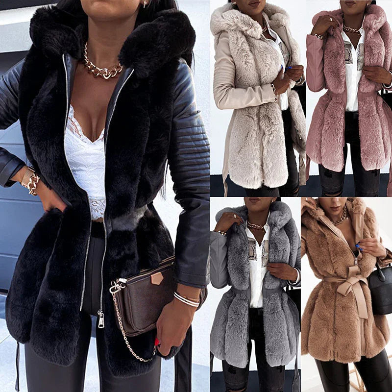 Women's stylish faux fur hooded coats in black, beige, pink, gray, and camel with leather sleeves