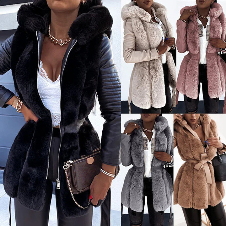Women's stylish faux fur hooded coats in black, beige, pink, gray, and camel with leather sleeves