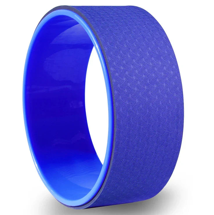 Blue yoga wheel with textured grip for stretching and back support