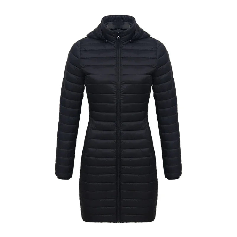 Black long padded winter jacket with hood and front zipper for women