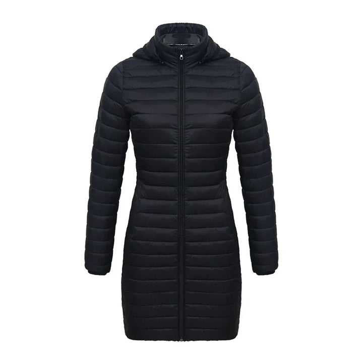 Black long padded winter jacket with hood and front zipper for women