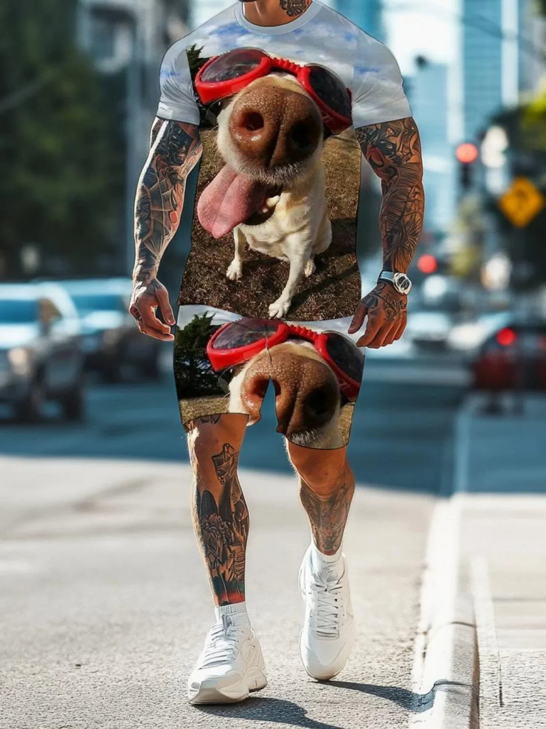 Man with tattoos wearing white outfit printed with large close-up dog face and red goggles on city street