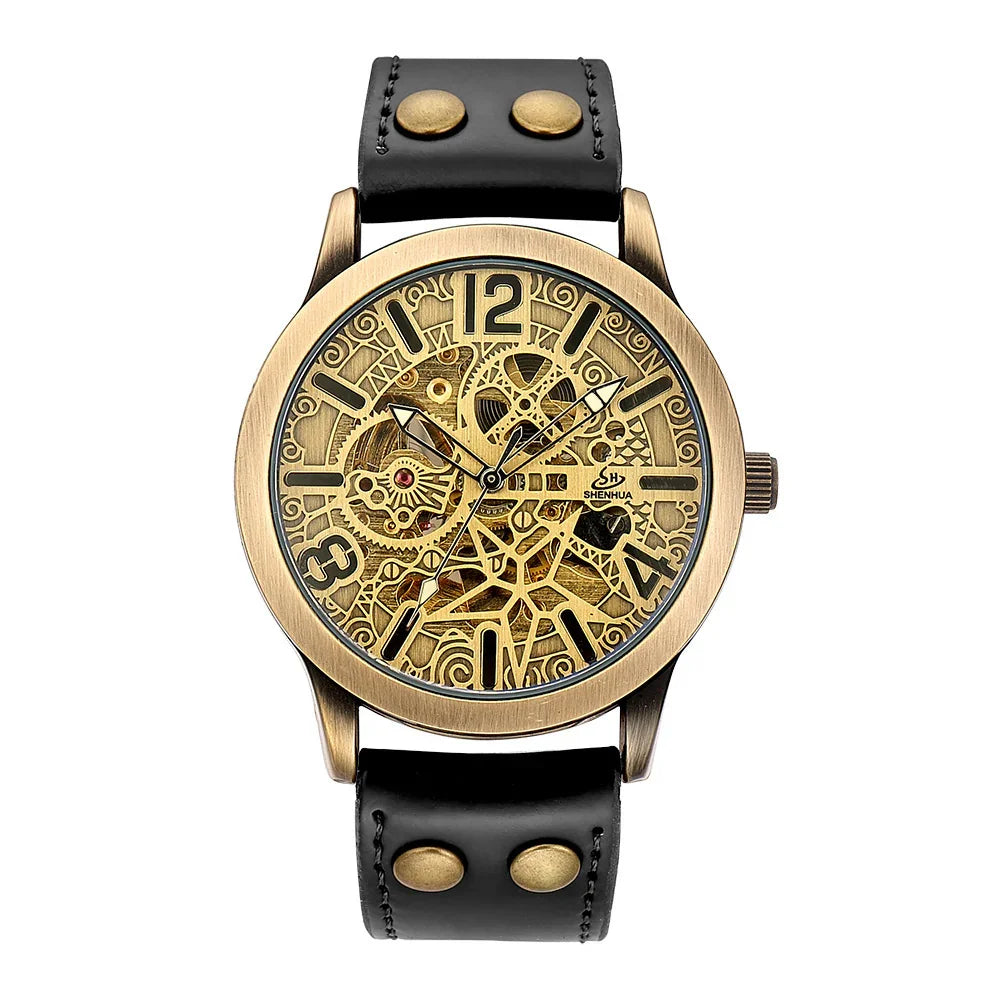 Vintage-style wristwatch with brass gears, black leather strap, and embossed Arabic numerals