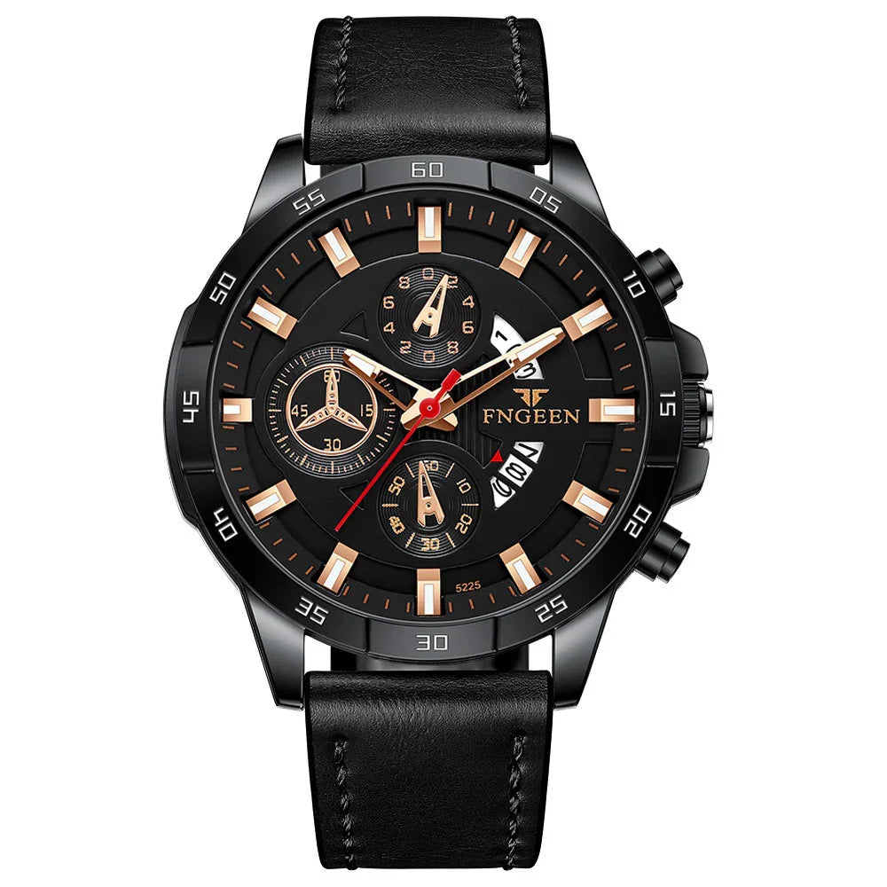 Black FNGEEN men's chronograph watch with rose gold markers, date display, and black leather strap