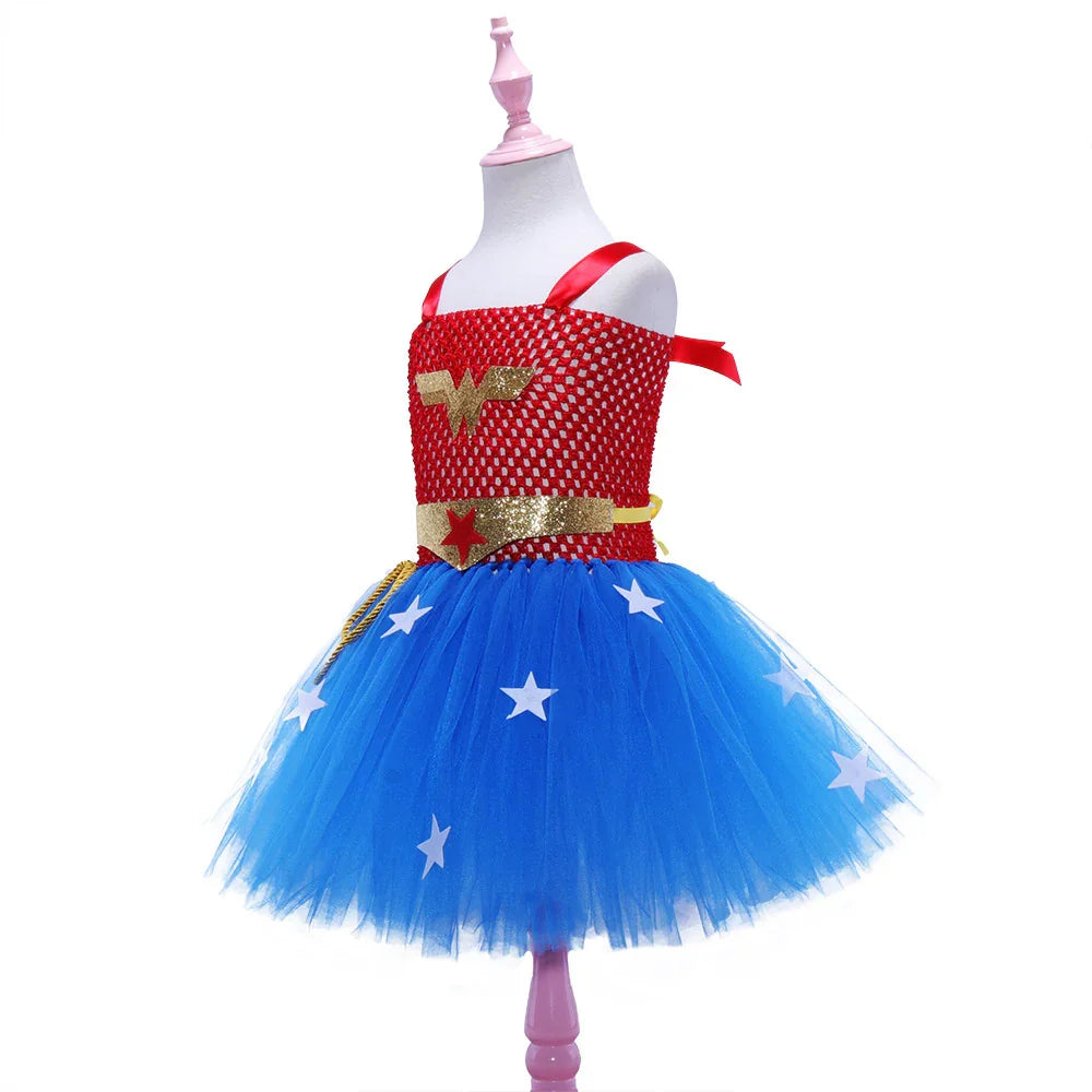 Red and blue Wonder Woman-inspired toddler tutu dress with gold star belt on mannequin