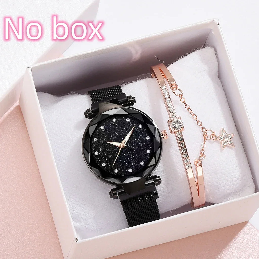 Black starry mesh strap watch with rose gold rhinestone bracelet in white cushioned open box
