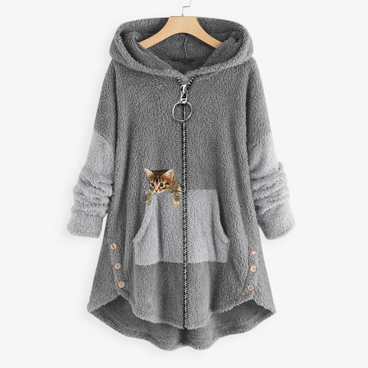 Cozy gray fleece hooded zip-up jacket with front pocket and cute kitten peeking out