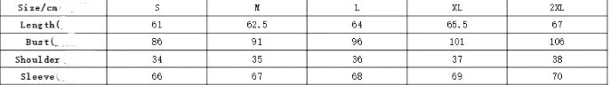 Women's size chart for tops showing length, bust, shoulder, and sleeve measurements in cm for sizes S to 2XL