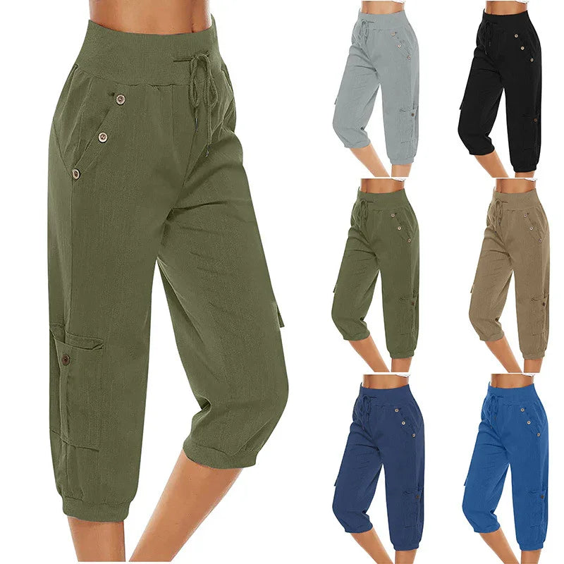 Women's casual cropped cargo pants in six colors with buttoned pockets and drawstring waist