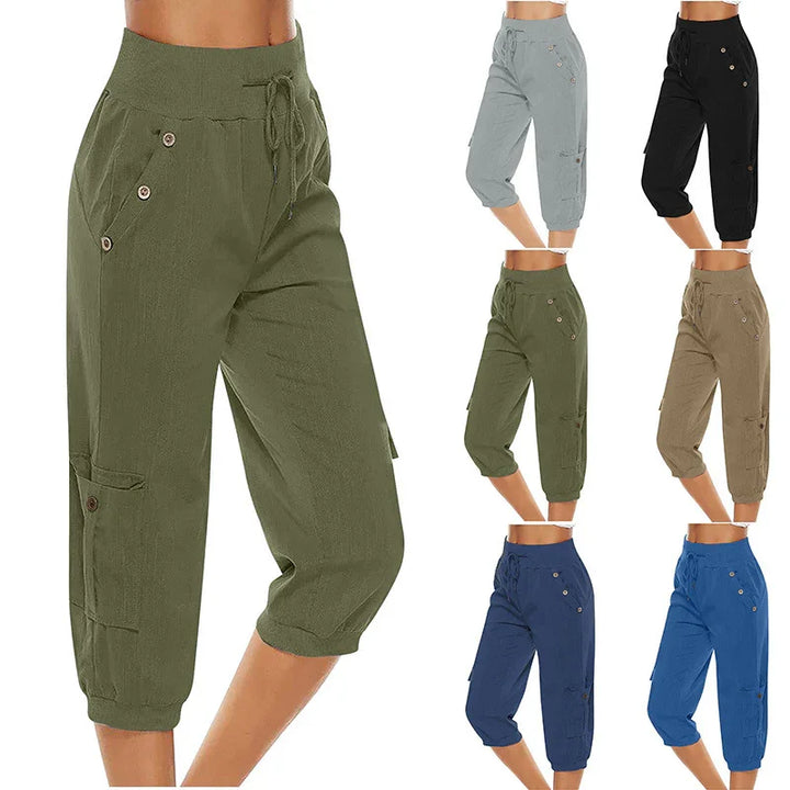 Women's casual cropped cargo pants in six colors with buttoned pockets and drawstring waist