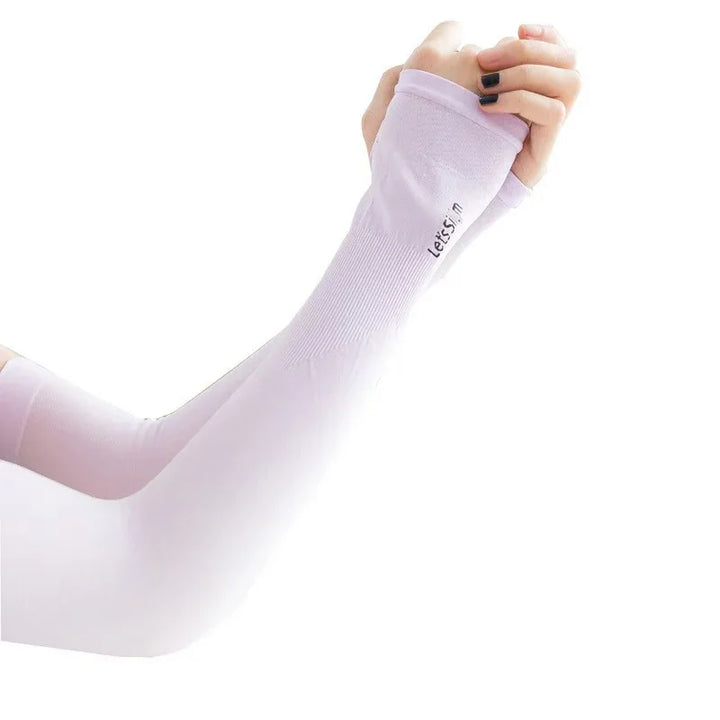 Close-up of hands wearing light purple arm sleeves with thumb holes and text 'Lets.Fun' on white background