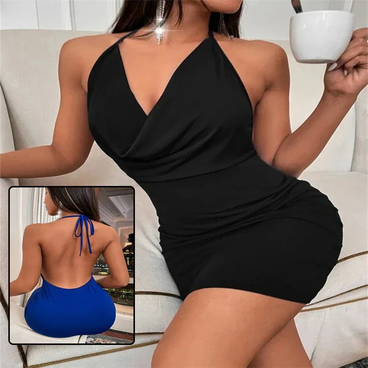 woman wearing stylish black halter neck mini dress sitting on white sofa holding a white cup, inset shows back view in blue dress