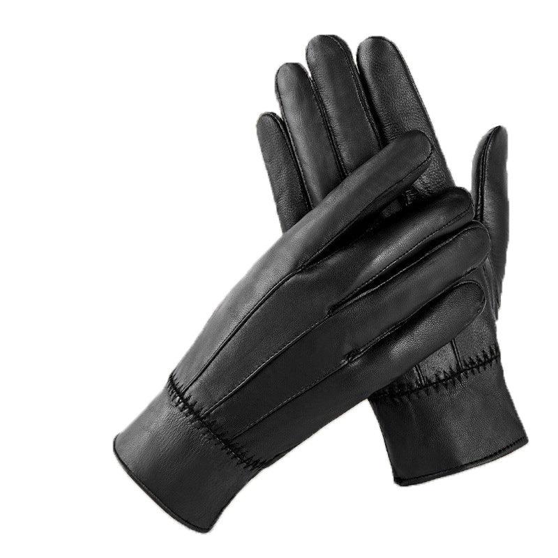 Pair of black leather gloves with stitched detailing, designed for stylish winter wear