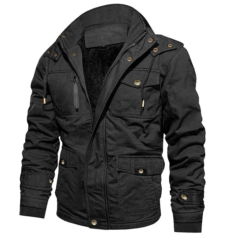 black men's casual jacket with multiple pockets, buttons, zipper, and drawstring hood