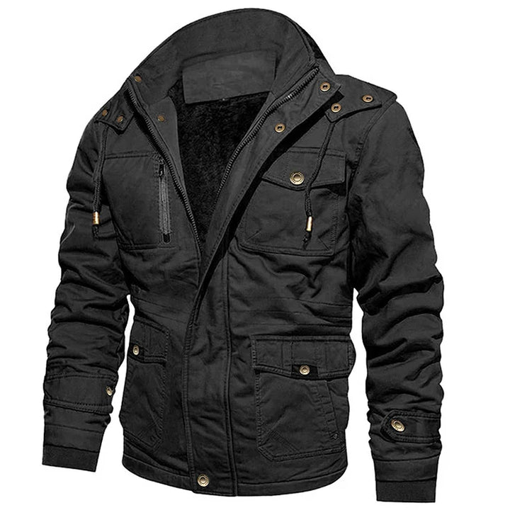 black men's casual jacket with multiple pockets, buttons, zipper, and drawstring hood