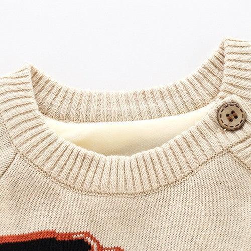 Beige knit sweater collar with ribbed neckline and decorative wooden button on shoulder