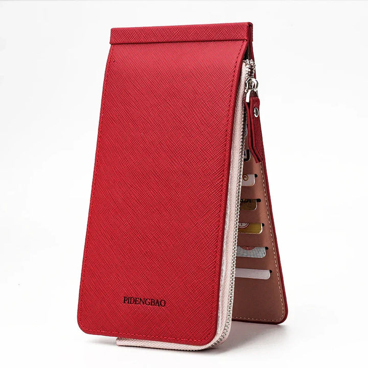 Red textured leather wallet with zipper and card slots, brand name PIDENGBAO visible