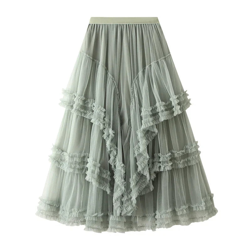 Light green layered tulle skirt with ruffled trim and elastic waistband