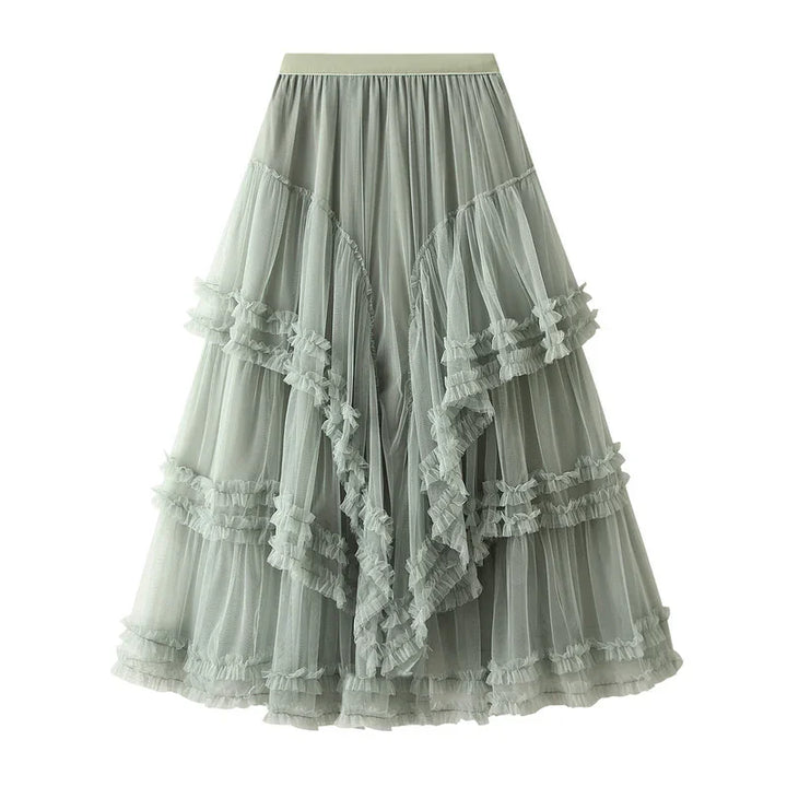 Light green layered tulle skirt with ruffled trim and elastic waistband