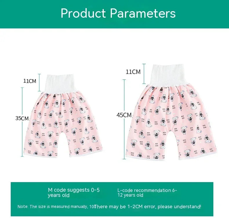 Pink kids pants with white waistband and dog print, sizes M 35cm and L 45cm for ages 0-12 years