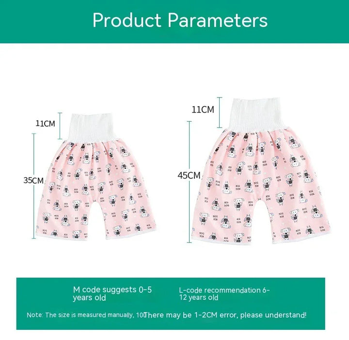 Pink kids pants with white waistband and dog print, sizes M 35cm and L 45cm for ages 0-12 years