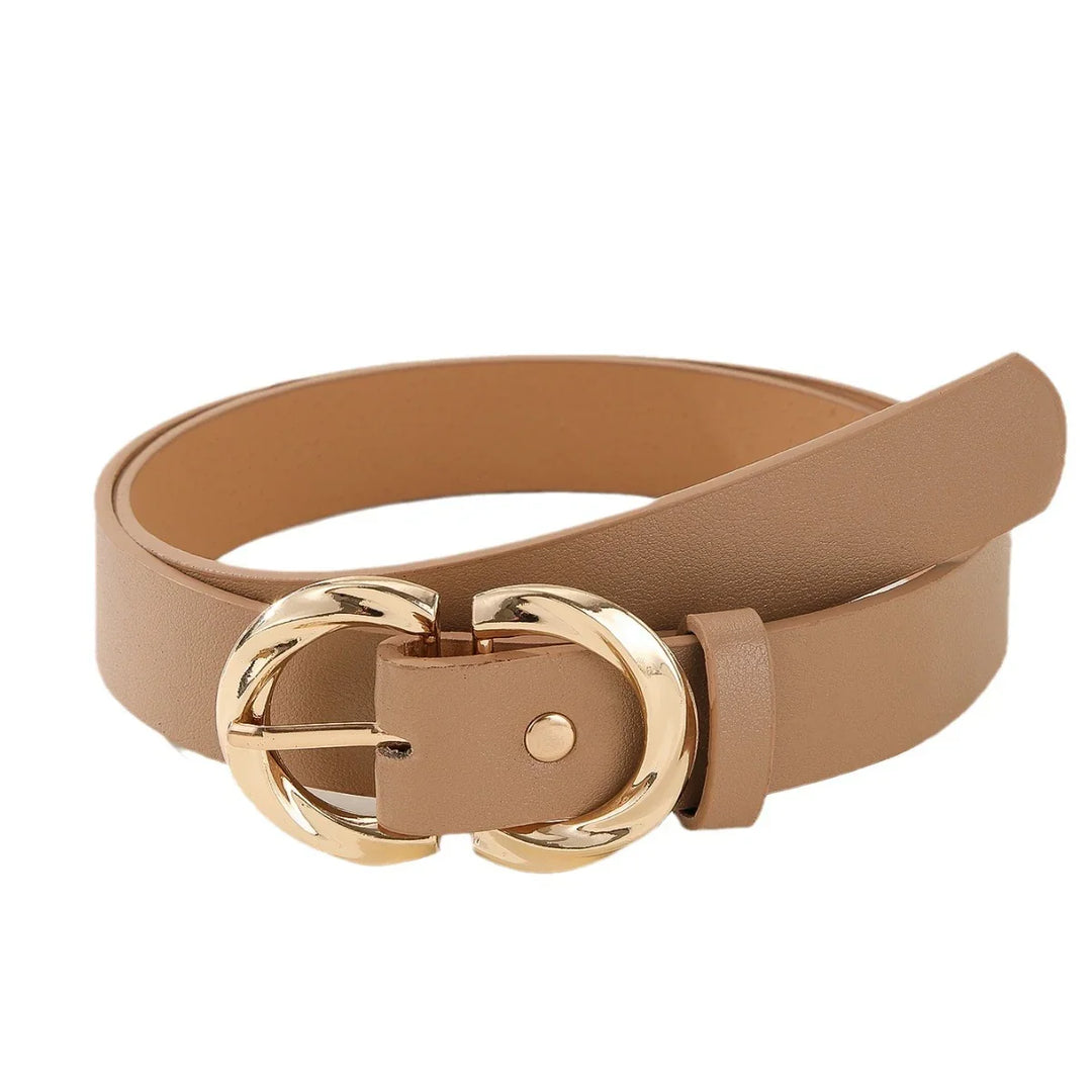 Tan leather belt with shiny gold double D-shaped buckle on white background