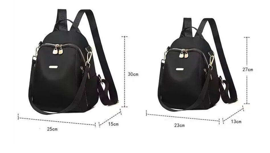 Two black nylon backpacks with gold zippers and adjustable straps, showing dimensions 30x25x15cm and 27x23x13cm