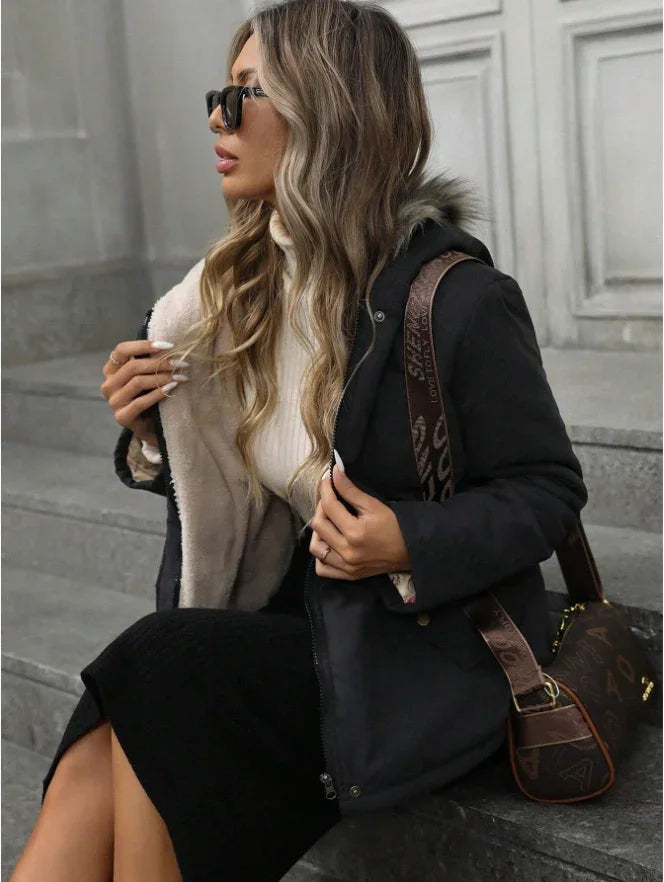 Stylish woman wearing black fur-lined jacket, white turtleneck, and sunglasses sitting on stone steps with designer bag
