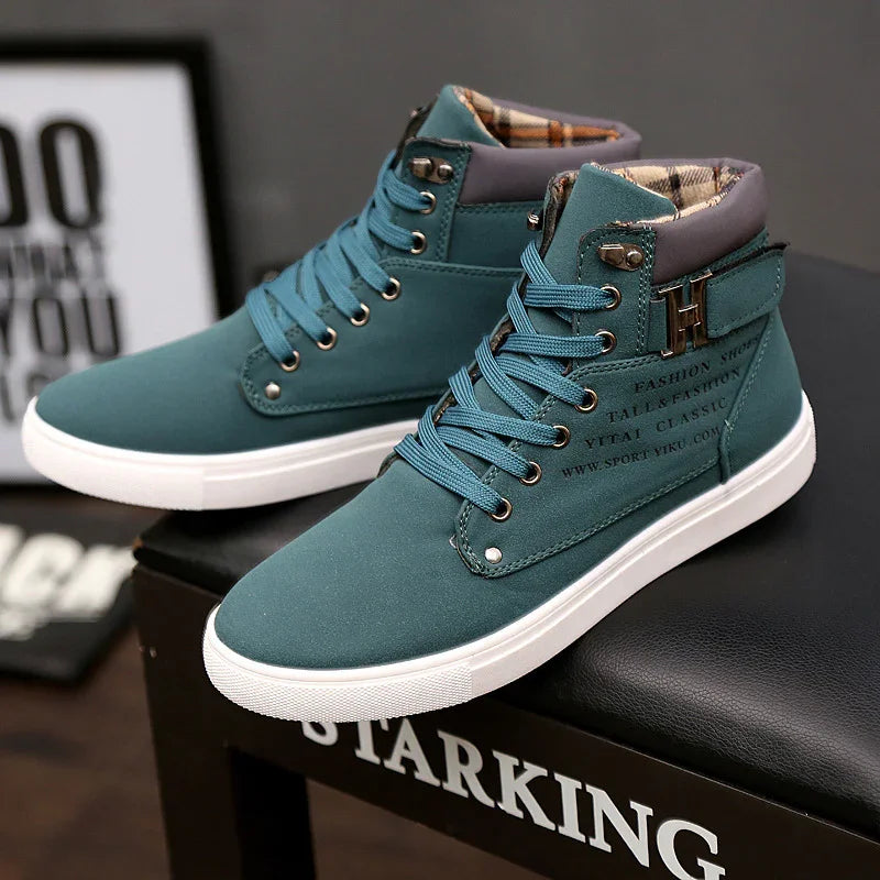 Teal high-top casual sneakers with white soles and plaid inner lining on a black surface