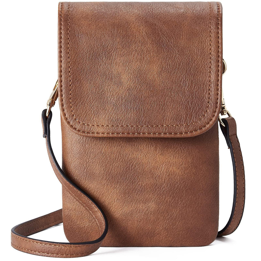 Brown leather crossbody phone bag with flap and adjustable strap