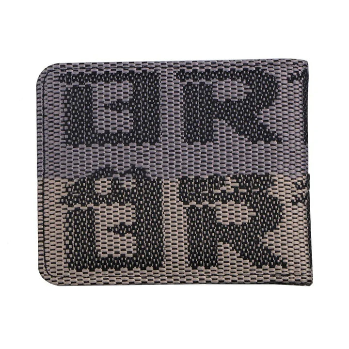 Black and gray woven fabric wallet with large stylized letters pattern