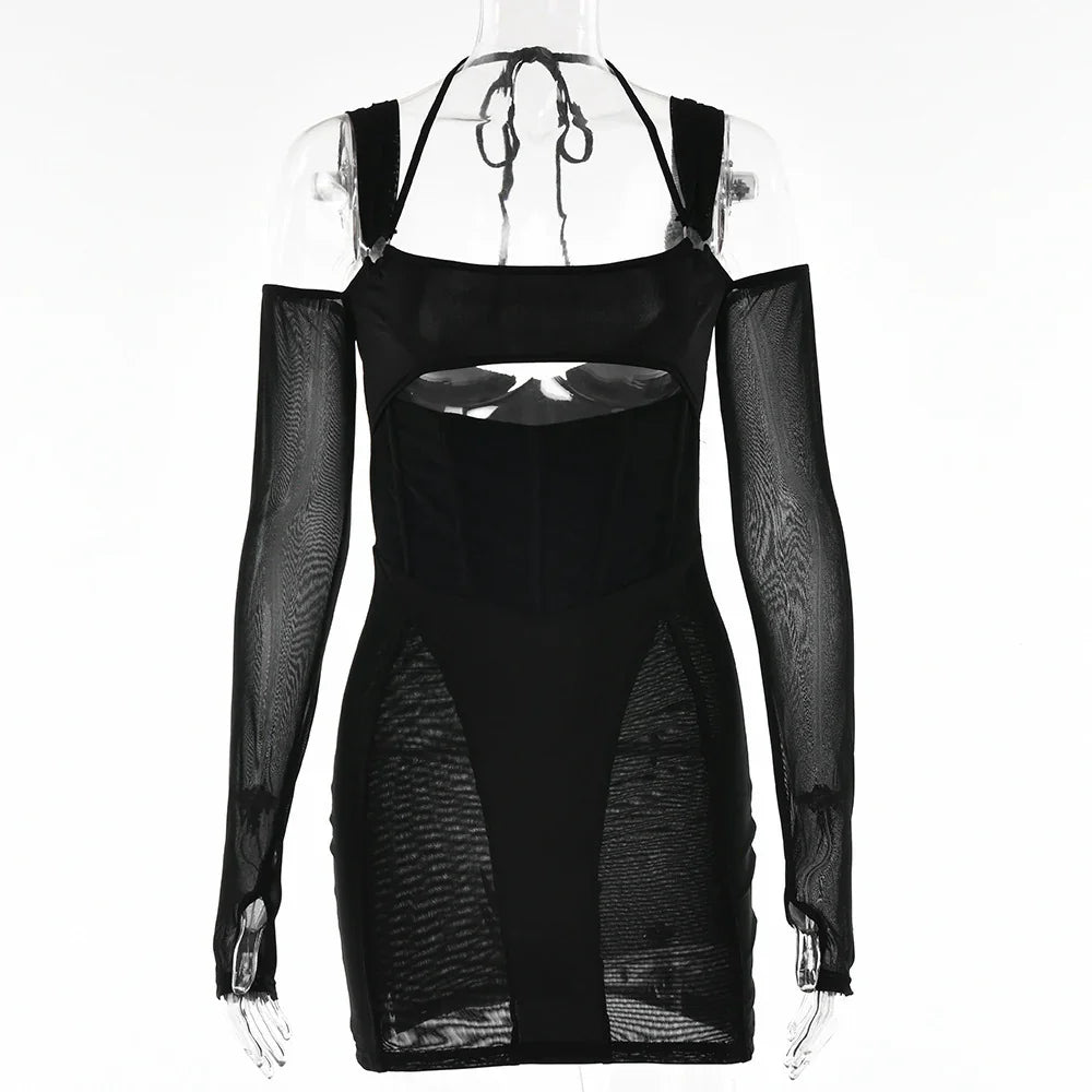 Black cold shoulder bodycon mini dress with sheer long sleeves and cutout detail on clear mannequin