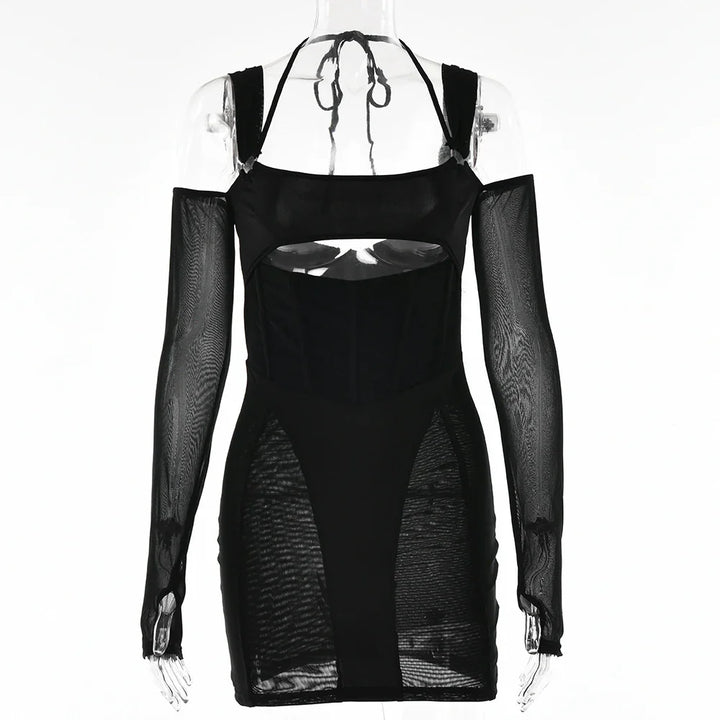 Black cold shoulder bodycon mini dress with sheer long sleeves and cutout detail on clear mannequin