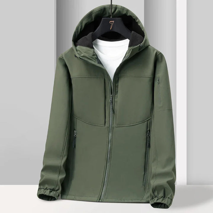 Men's olive green hooded softshell jacket with full zipper and zippered pockets