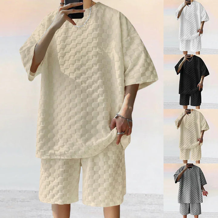 Men's textured short-sleeve shirt and shorts set in beige, white, black, and gray color options