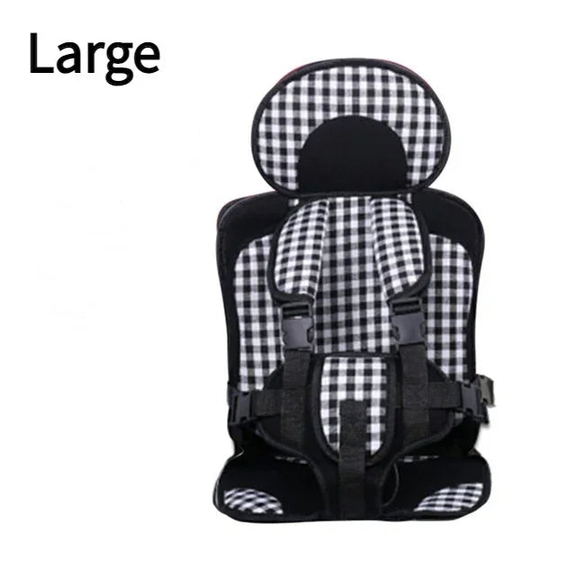 Large black and white checkered child car seat with harness straps and padded headrest