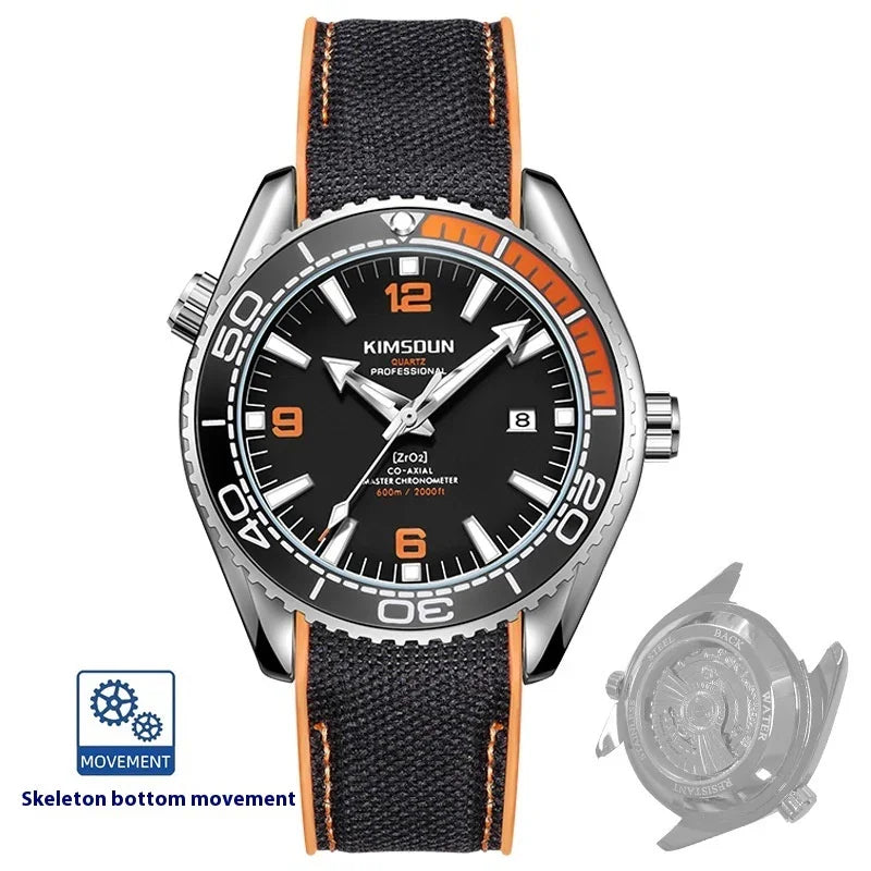 KIMSDUN professional quartz dive watch with black dial, orange accents, date display, and black fabric strap