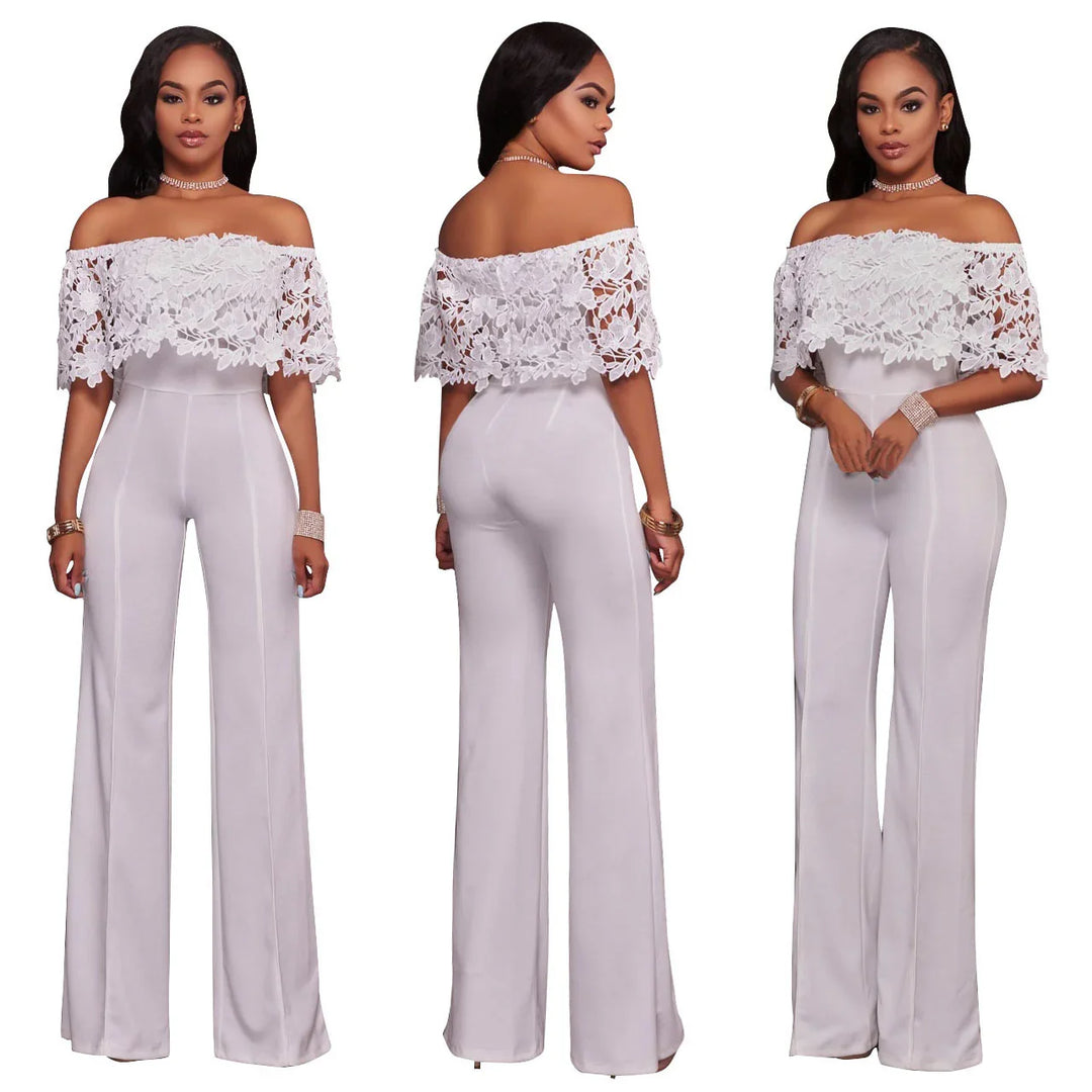 Woman wearing a white off-shoulder lace top and high-waisted wide-leg pants in front, back, and side views