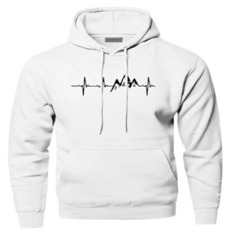 White hoodie with black heartbeat and mountain line graphic on front, casual outdoor sweatshirt