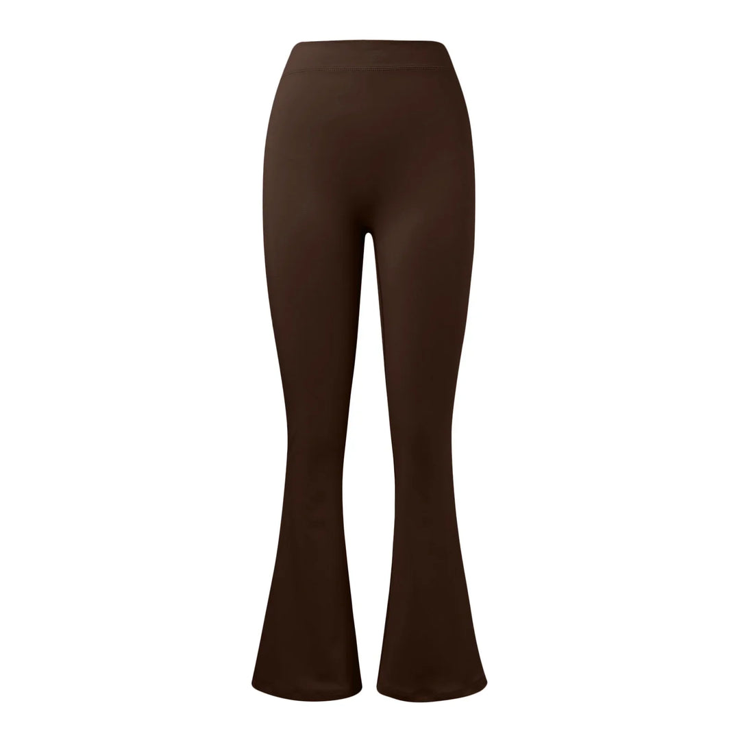Plain chocolate brown flared pants with high waist and stretch fabric on white background