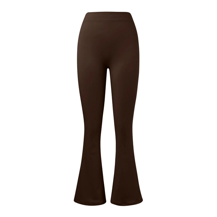 Plain chocolate brown flared pants with high waist and stretch fabric on white background