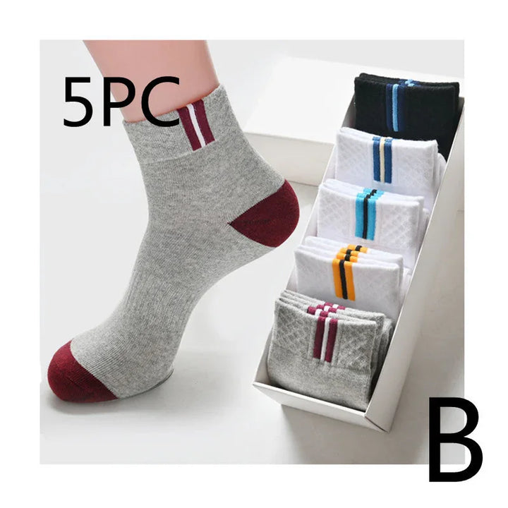 5-piece set of ankle socks with colorful stripes on heel and cuff, displayed in white box