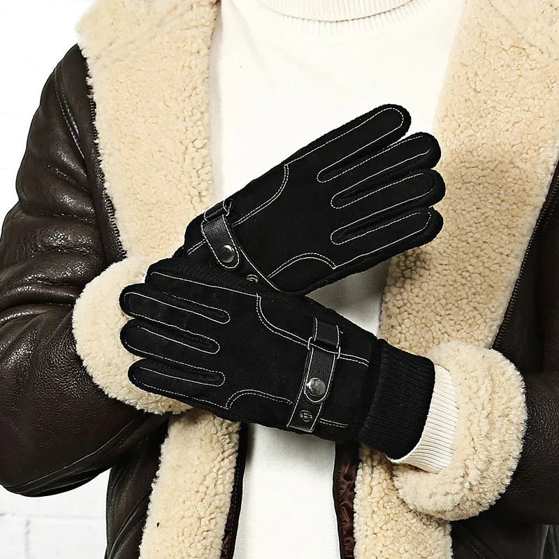 Black winter gloves with white stitching worn with brown shearling leather jacket and white sweater