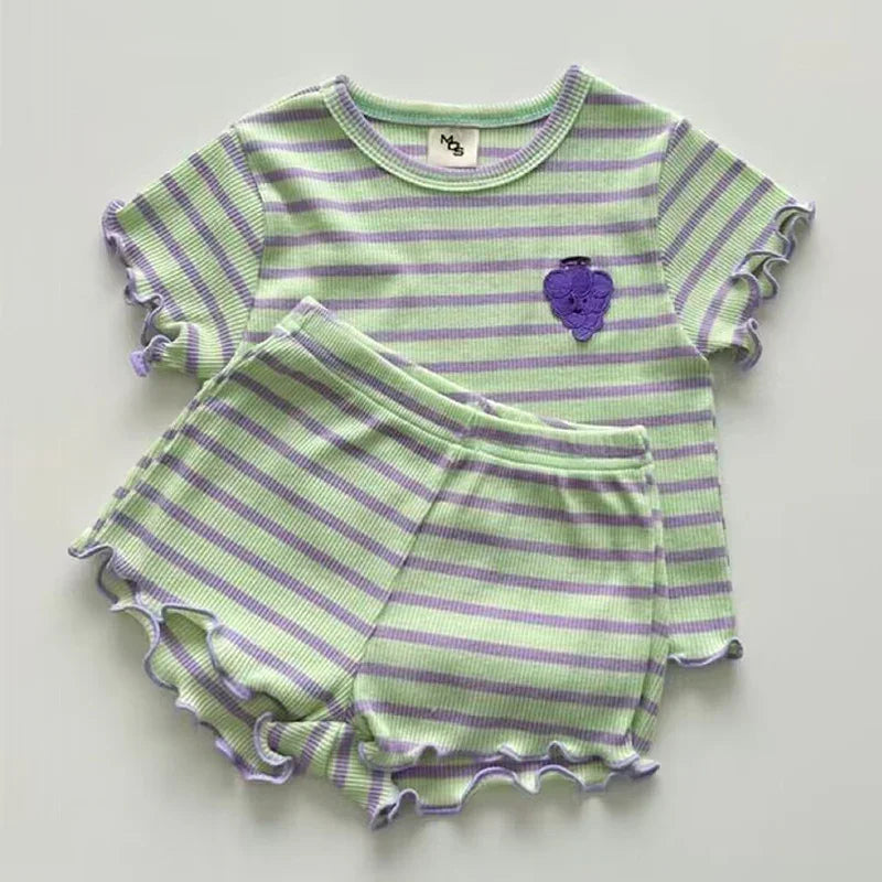 Kids green and purple striped short sleeve top and shorts set with purple grape patch and ruffled edges