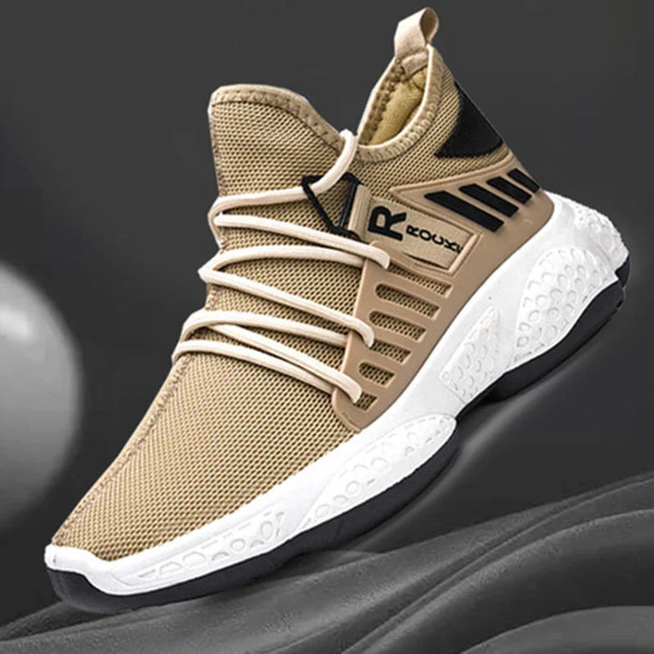 Beige and black breathable mesh athletic sneaker with white cushioned sole and unique lace design