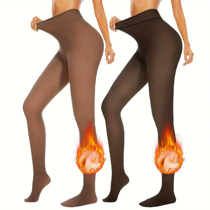 Two women wearing stretchable brown thermal leggings with fleece lining highlighted by flame graphics