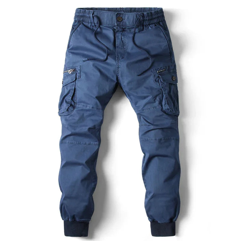 men's blue cargo jogger pants with elastic cuffs and multiple pockets