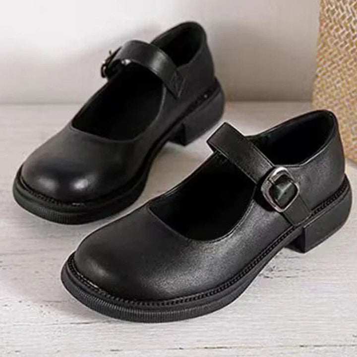 Pair of black Mary Jane shoes with buckle straps and low block heels on wooden surface