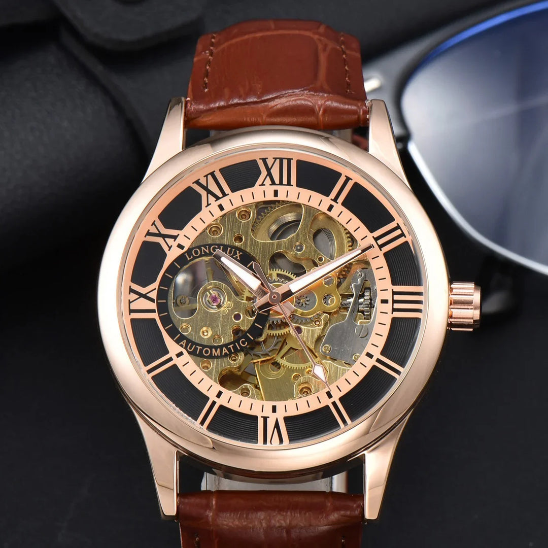 Rose gold automatic skeleton watch with brown leather strap and Roman numeral dial