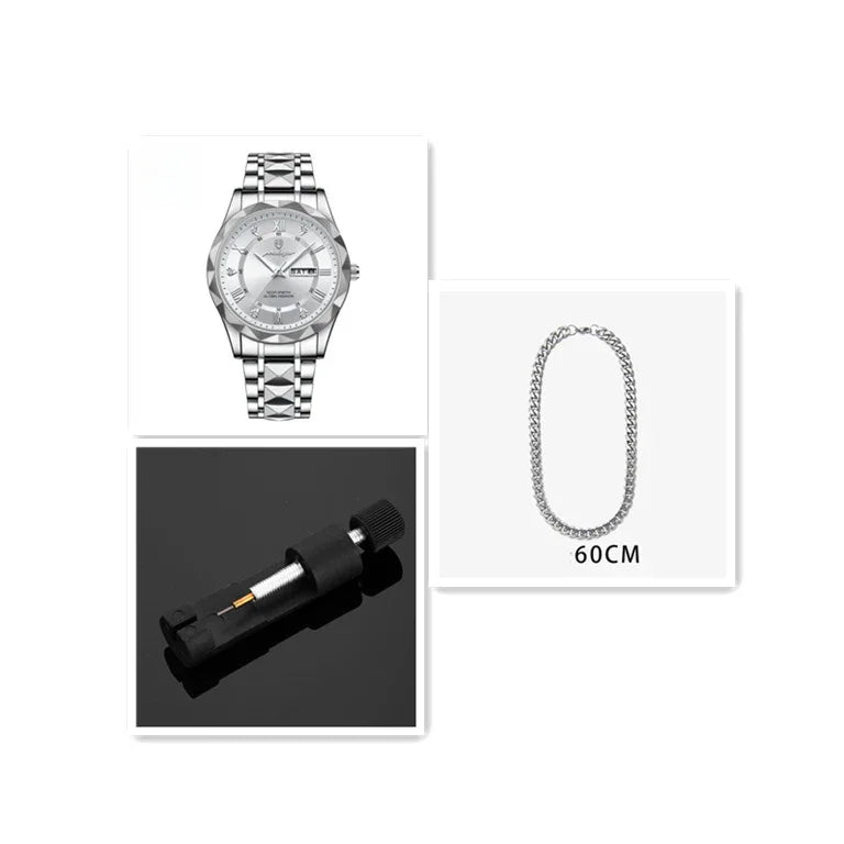 Silver men's wristwatch with metal band, 60cm silver chain necklace, and black watch repair tool